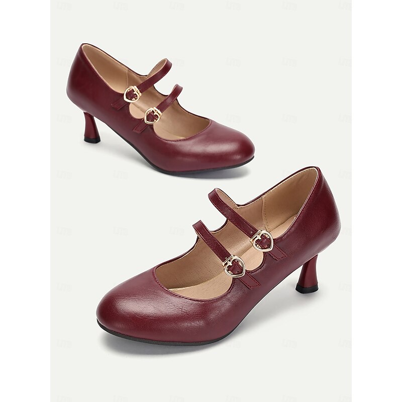 Women's Retro Style Burgundy Faux Leather Mary Jane Kitten Heels with Heart-Shaped Buckles | Perfect for Work or Parties2