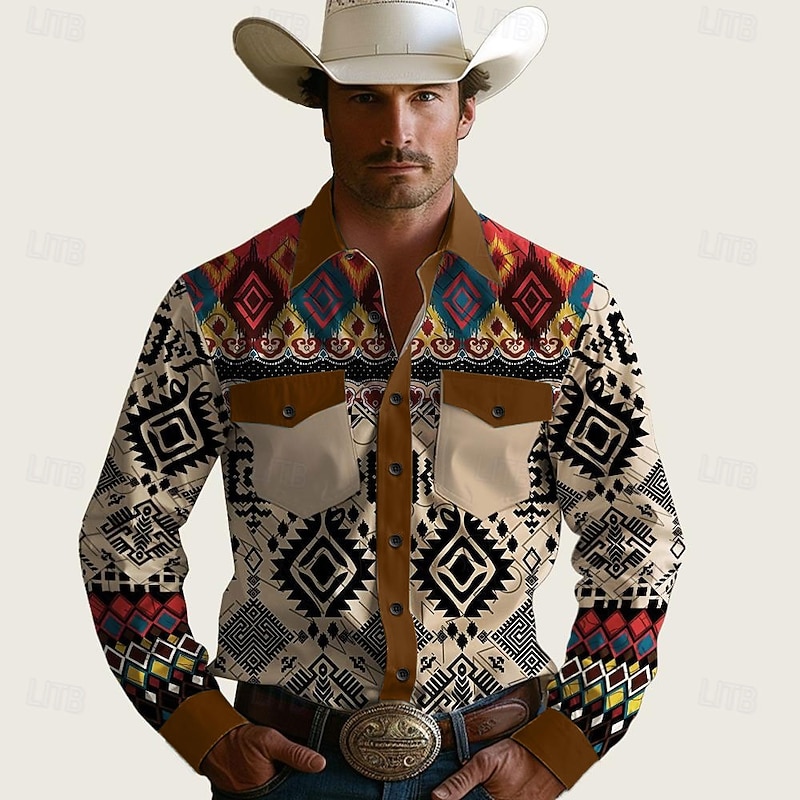 Men's Tribal Southwestern Print Western Shirt Cowboy Shirt Long Sleeve Western Style Tribal Outdoor Summer Spring Fall Shirt Collar Black Brown Khaki2