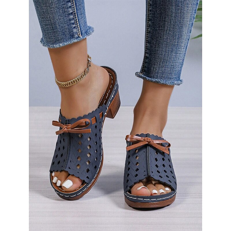 Women's Comfortable Blue Perforated Faux Leather Block Heel Sandals with Bowknot - Perfect for Summer3