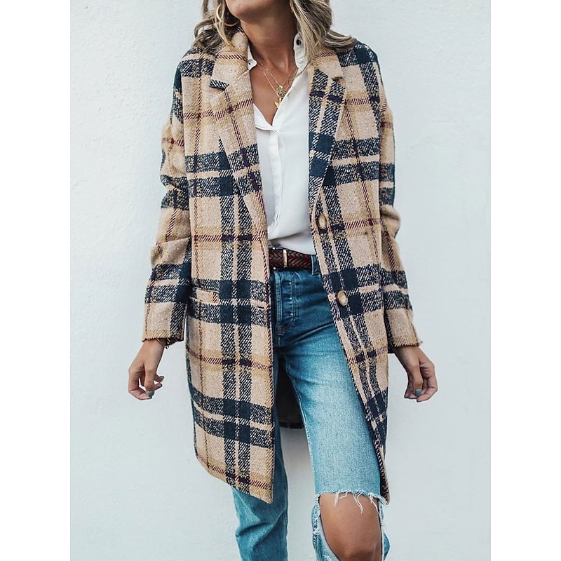 Women's Winter Coat Coat Windproof Warm Pocket Casual Street Style Plaid Vacation Work Street Daily Wear Single Breasted Turndown Loose Fit Long Sleeve Outerwear Apricot Fall Winter - Main Image