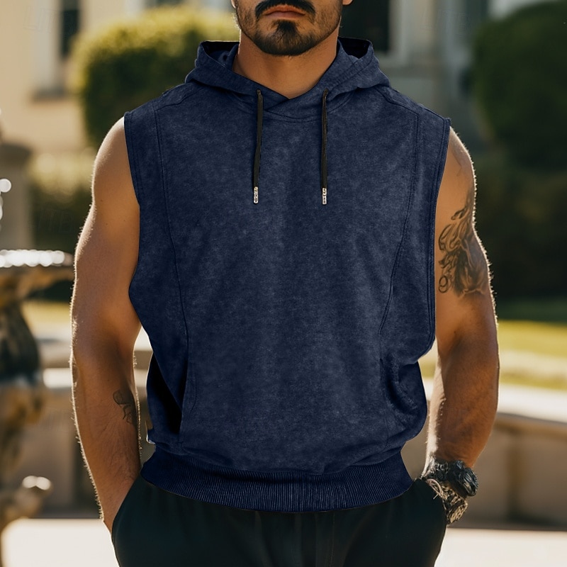 Men's Tank Top Sleeveless Hoodie Sleeveless Hooded Summer Spring Fall Vintage Drawstring Casual Activewear Navy Black Gray Top Tee for Men3