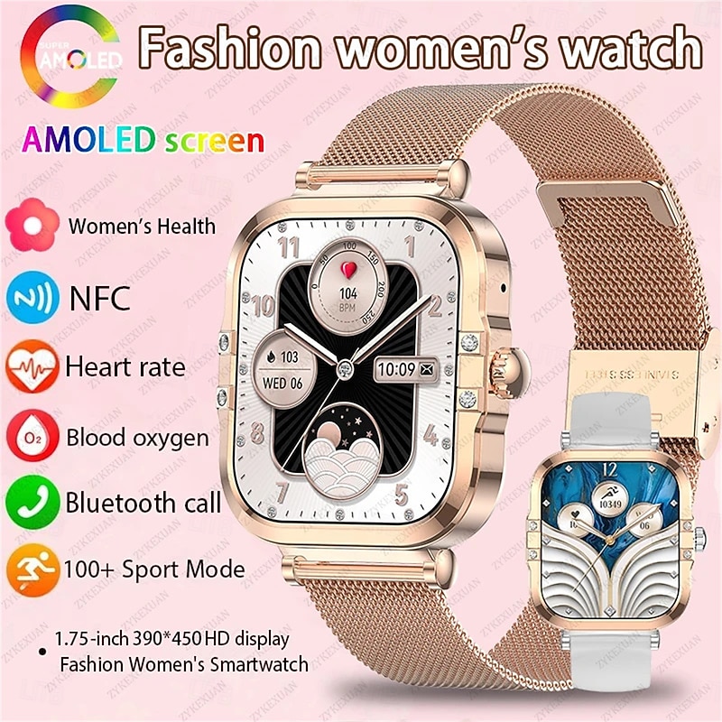 HK82 Fashion Women Smart Watch Amoled HD Screen Bluetooth Calling Wristband Girl Sport Fitness Tracker Lady Smartwatch