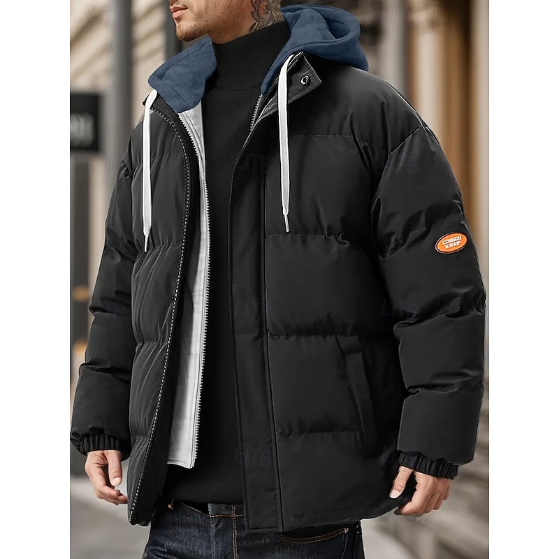 Men's Winter Jacket Puffer Jacket Padded Hooded Fake two piece Polyster Pocket Sports Outdoor Regular Fashion Casual Thermal Warm Windproof Winter Plain Black Blue Beige Puffer Jacket