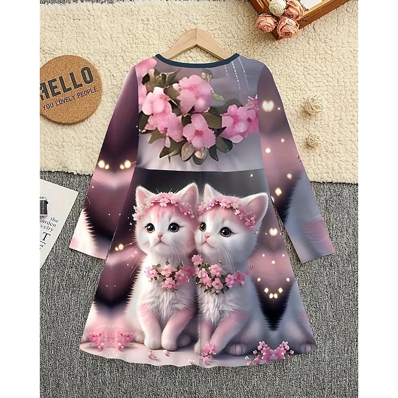 Girls' 3D Graphic Cat Flower Dress Long Sleeve Summer Spring Vacation Daily Holiday Princess Beautiful Sweet Kids 4-12 Years Casual Dress A Line Dress Knee-length Regular Fit3
