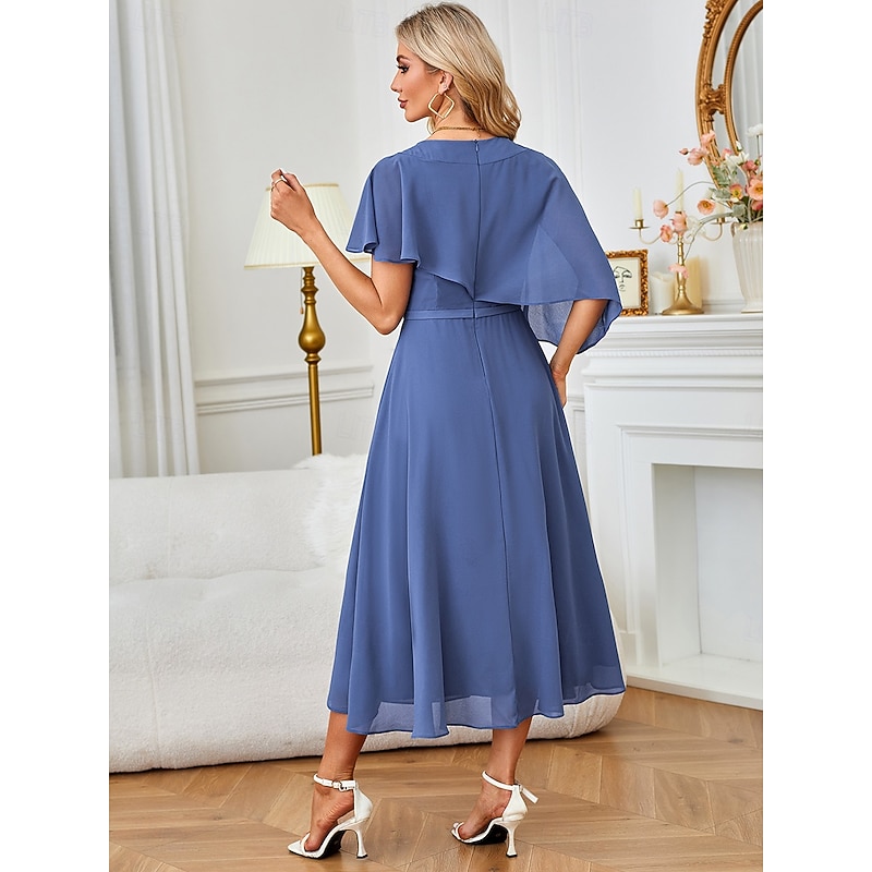Women's Maxi Dress A Line Dress Elegant Formal Wedding Guest Cocktail Party Regular Fit Plain Half Sleeve V Neck Blue Summer2