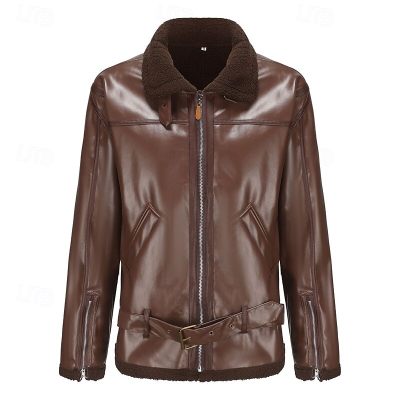 Men's Faux Leather Jacket Biker Jacket Motorcycle Jacket Vacation Daily Windproof Warm Fur Trim Pocket Fall & Winter Plain Fashion Classic Lapel Regular Black Brown Jacket4