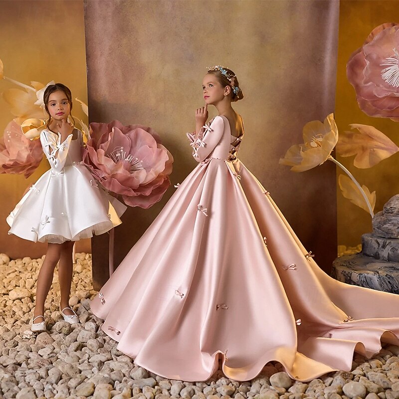 Flower Girl Dress Girls' First Communion Dress Party Dress Wedding Party Princess Sweet Christmas Carnival Ruched Solid Color Strapless Crew Neck Pink 4 years+4