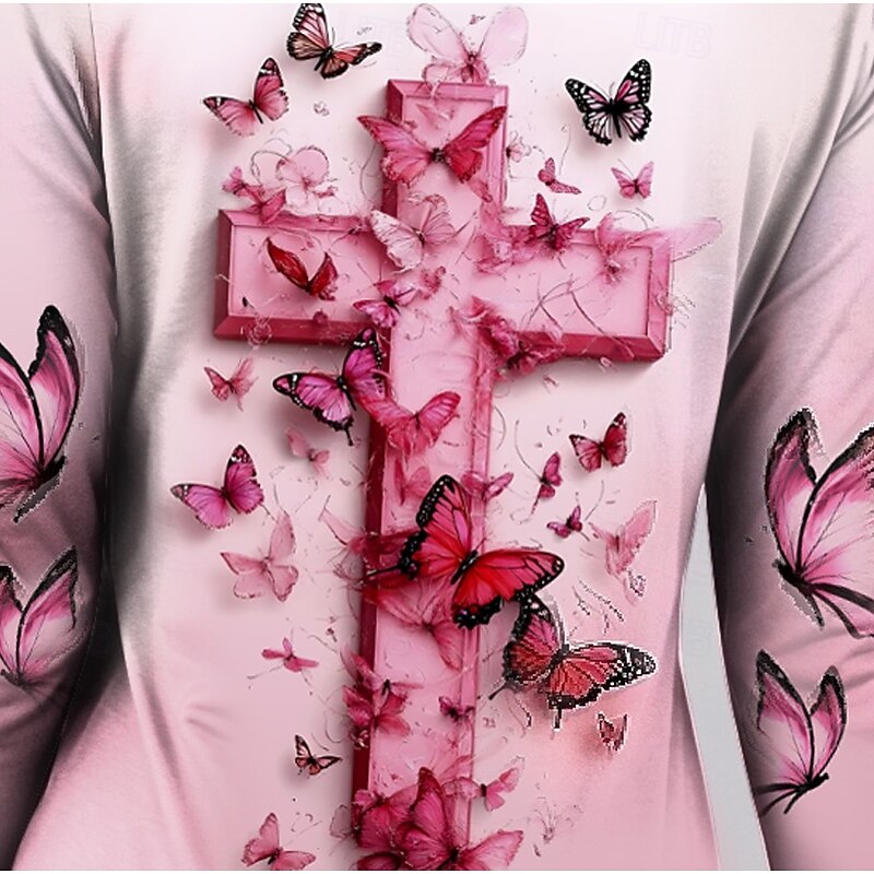 Valentine Women's T shirt Long Sleeve Crew Neck Long Sleeve Tunic Casual Ombre Butterfly Regular Tops Print Regular Fit Daily Pink Spring Fall Prefall3