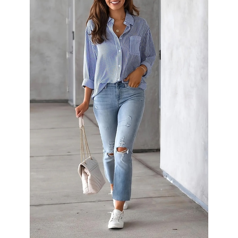 Women's Shirt Blouse Striped Basic Casual Long Sleeve Shirt Collar Regular Tops Daily Buttons Print Pink Blue Purple Gray Summer Spring2