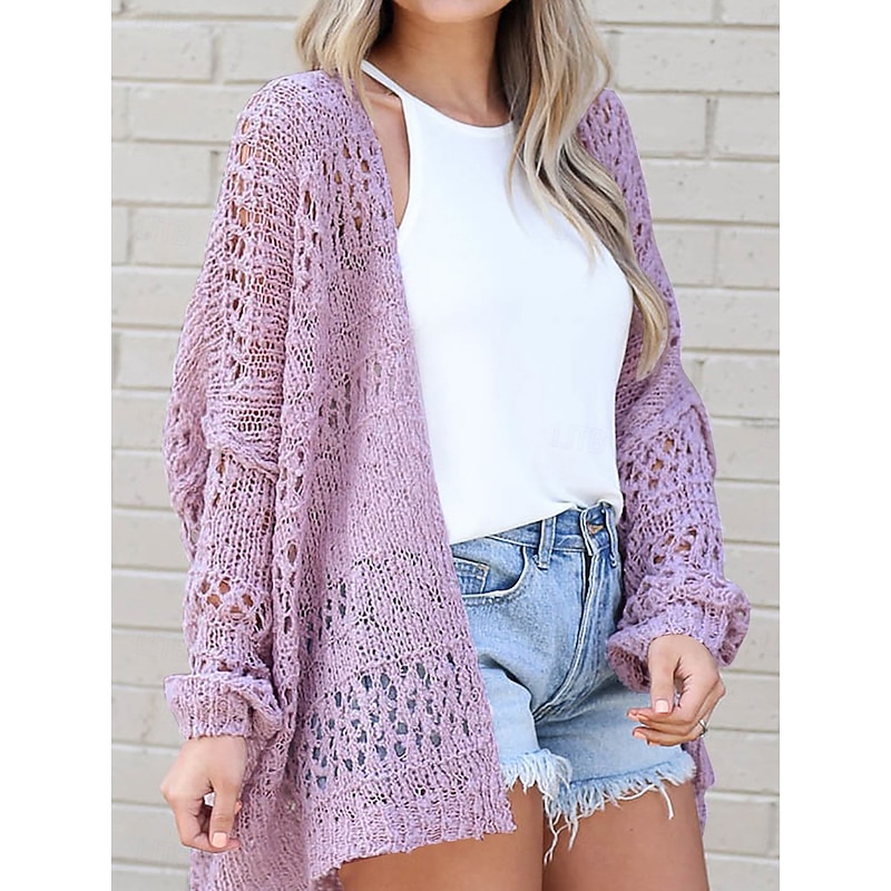 Women's Sweater Cardigan Elegant Fashion Streetwear Pure Color Open Front Pocket Knitted Long Sleeve Regular Tops Knit Outdoor Daily Weekend White Purple Fall Winter3