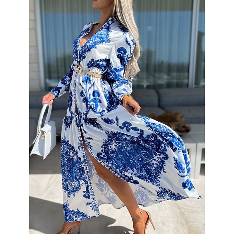 Women's Maxi Dress Shirt Dress Casual Dress Swing Dress A Line Dress Casual Daily Regular Fit Floral Long Sleeve Shirt Collar Blue Green Gray Summer Spring Fall2
