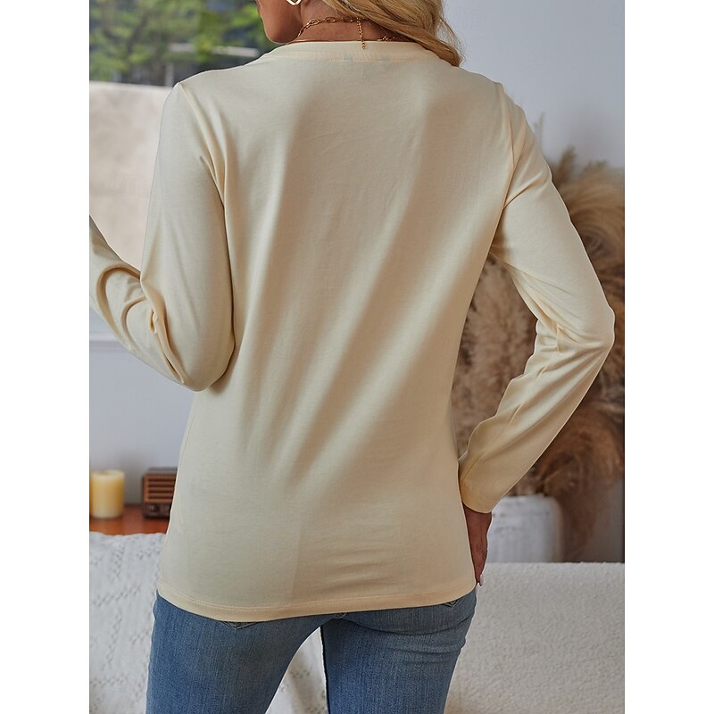 Women's 100% Cotton T Shirt Casual Letter Regular Tops Long Sleeve Round Neck Print Regular Fit Daily Weekend Blue Beige Fall Winter2