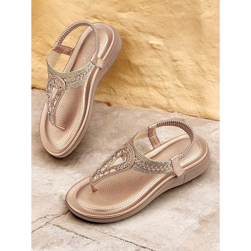 Women's Rhinestone T-Strap Sandals with Braided Detailing, Comfortable Flat Summer Shoes for Casual and Beach Wear3