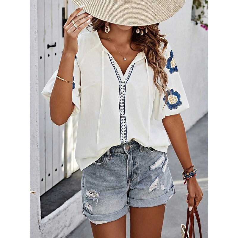 Women's Shirt Blouse Floral Stylish Casual Short Sleeve V Neck Regular Tops Daily Lace up Embroidered White Navy Blue Summer Spring3