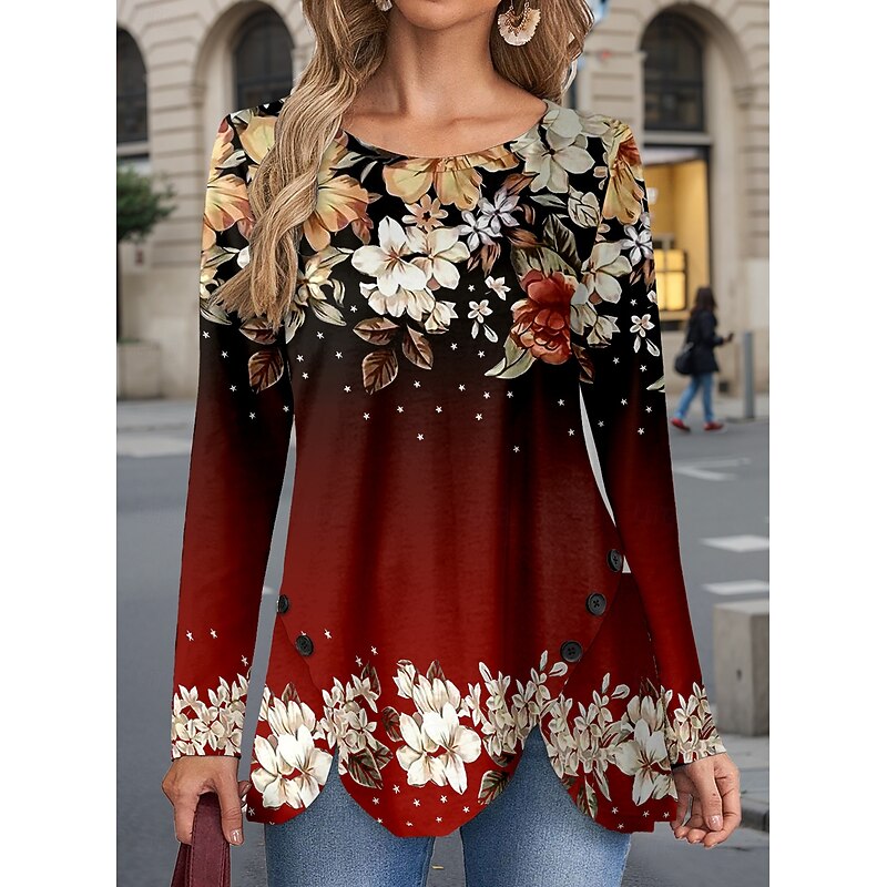 Women's T Shirt Floral Casual Long Sleeve Crew Neck Regular Tops Daily Buttons Print Asymmetrical Black Red Spring &  Fall4