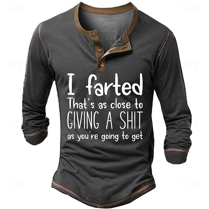 Men's Graphic Letter Henley Shirt Tee Long Sleeve Vintage Fashion Designer Outdoor Casual Daily Spring &  Fall Dark Gray Black Navy Blue Henley Henley T-Shirt