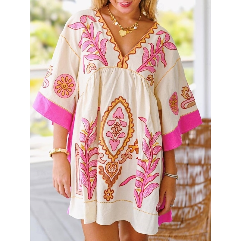 Women's Mini Dress Petite Dress Casual Dress Boho Dress Bohemia Vintage Casual Vacation Daily Regular Fit Floral 3/4 Length Sleeve V Neck Fuchsia Orange Green Spring Fall