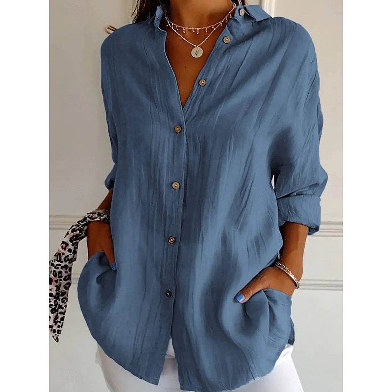 Women's Shirt Linen-Inspired Shirts Button Up Blouse Solid Color Basic Casual Long Sleeve Shirt Collar Regular Tops Daily Buttons White Pink Blue Spring Fall4