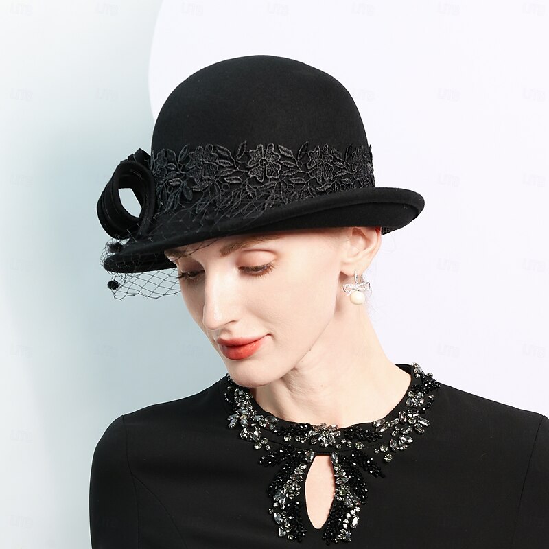 Hats 100% Wool Bowler / Cloche Hat Bucket Hat Top Hat Tea Party Elegant Wedding With Lace Ribbons Headpiece Headwear4