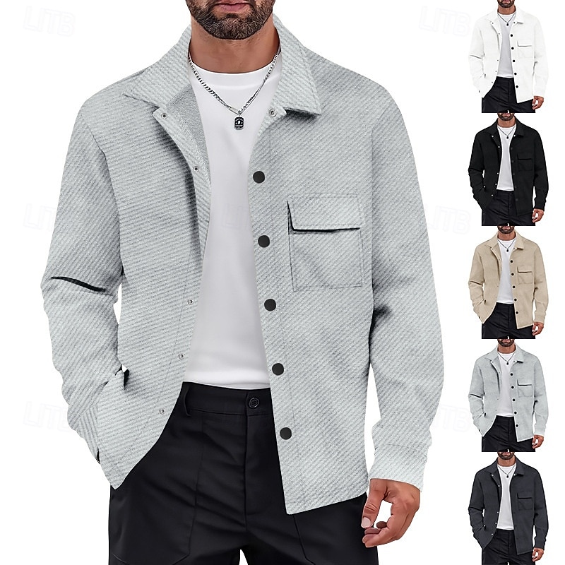 Men's Shirt Jacket Transition Jacket Daily Wearproof Pocket Jacquard All Seasons Plain Casual Lapel Regular Black White Khaki Light Grey Dark Gray Jacket3