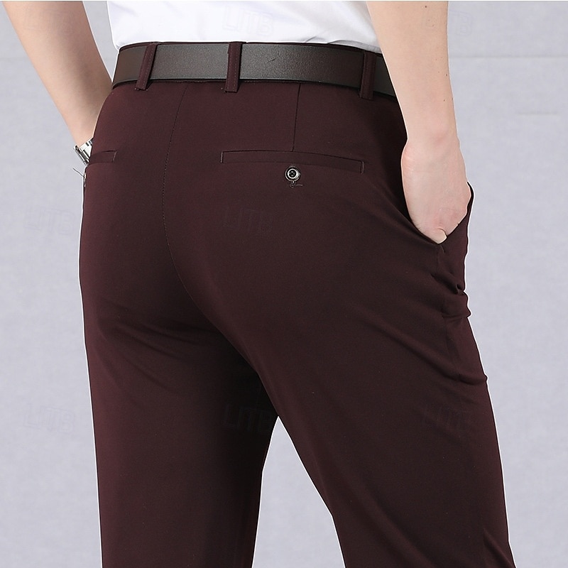 Men's Dress Pants Trousers Suit Pants Pocket Elastic Waist Straight Leg Plain Wearable Wrinkle Resistant Full Length Formal Wedding Business Elegant Fashion Black Red2