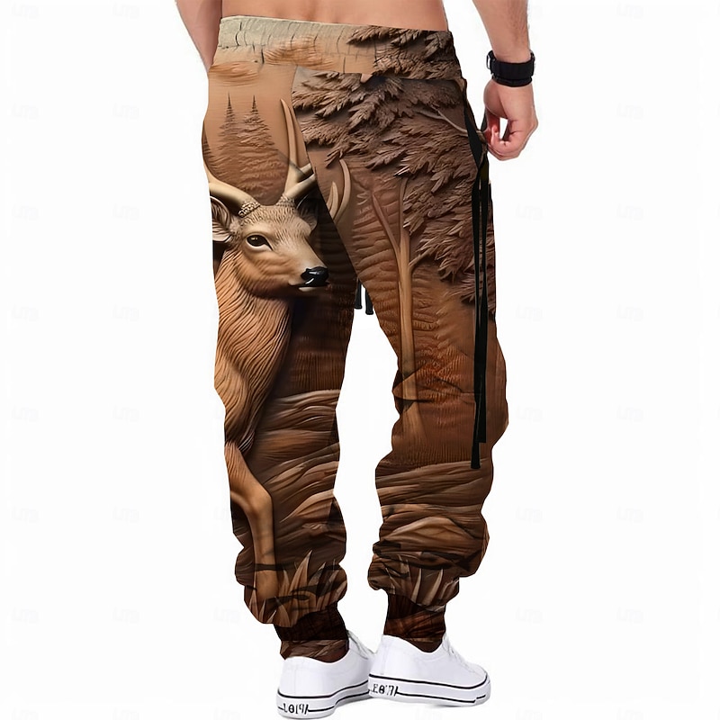 Men's Optical Illusion Hunting Deer Sweatpants Trousers Mid Waist Drawstring Elastic Waist Active Vintage Casual Outdoor Streetwear with Pockets Spring Fall 3D Print Brown Gray3