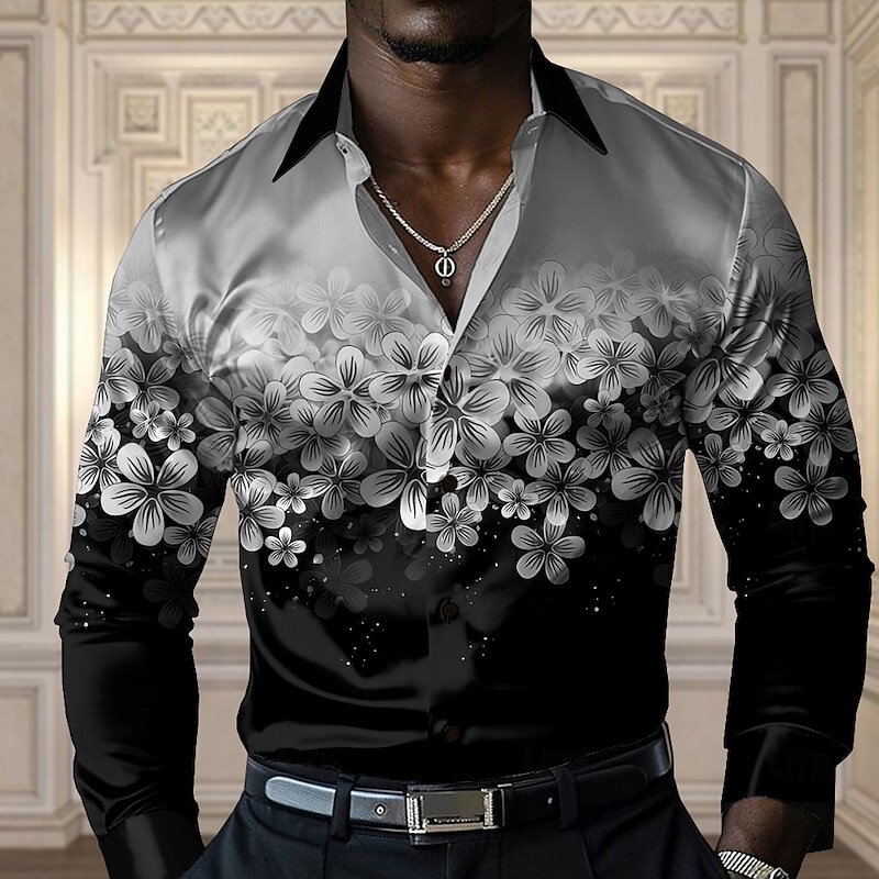 Men's Floral Casual Shirt Button Up Shirt Long Sleeve Casual Party Gift Casual Spring Fall Turndown Button Up Yellow Blue Purple Green Gray