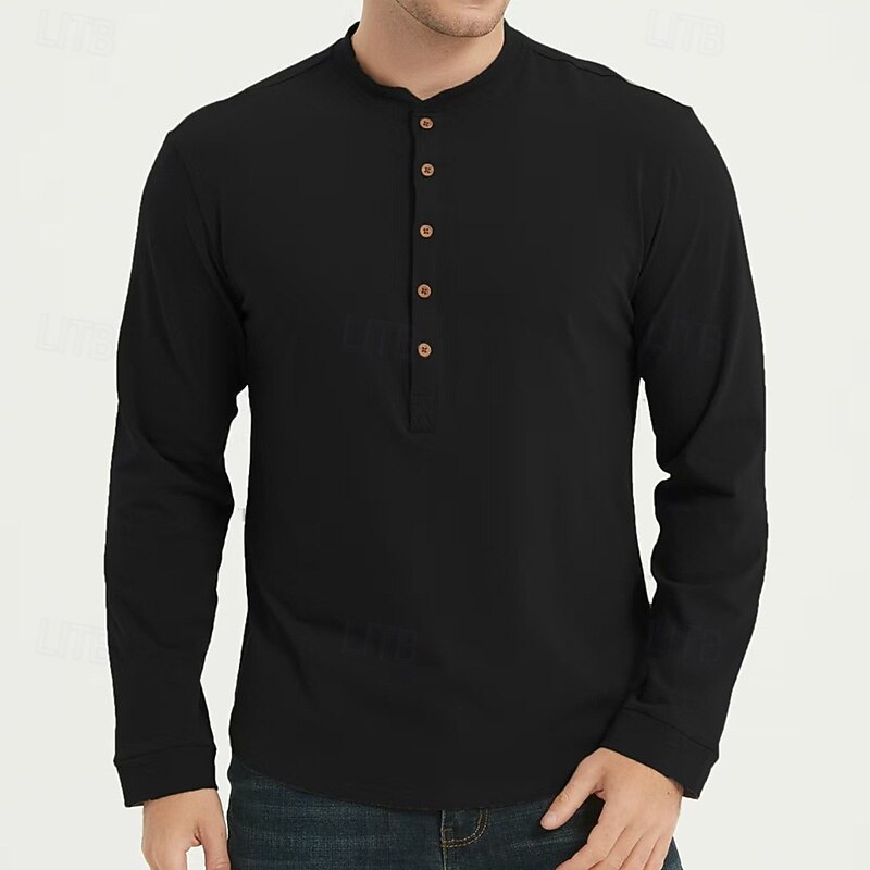Men's Button T Shirt T Shirt Henley Shirt Tee Long Sleeve Henley Spring &  Fall Plain Fashion Designer Basic Buttons Vacation Street Going out Black White Royal Blue Top Tee for Men