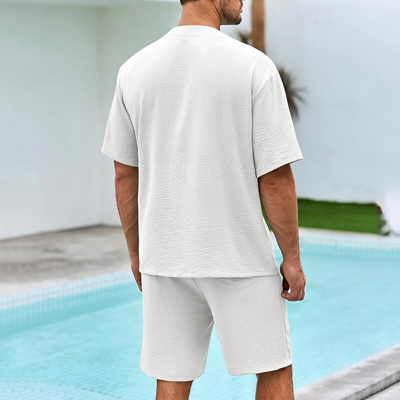 Men's 2 Piece Shirt Set Summer Set Matching Sets Casual Shirt Button Up Shirt Black White Blue Green Short Sleeve Plain Collar Vacation Daily Clothing Apparel Fashion Casual Comfortable3