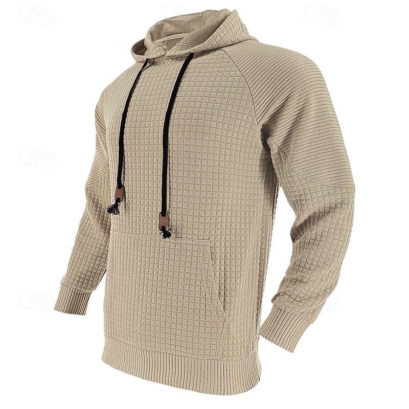 Men's Hoodie Black White Khaki Light Grey Dark Gray Hooded Plain Ribbed Front Pocket Textured Sports & Outdoor Daily Holiday Polyester Streetwear Basic Casual Spring &  Fall Clothing Apparel Hoodies3