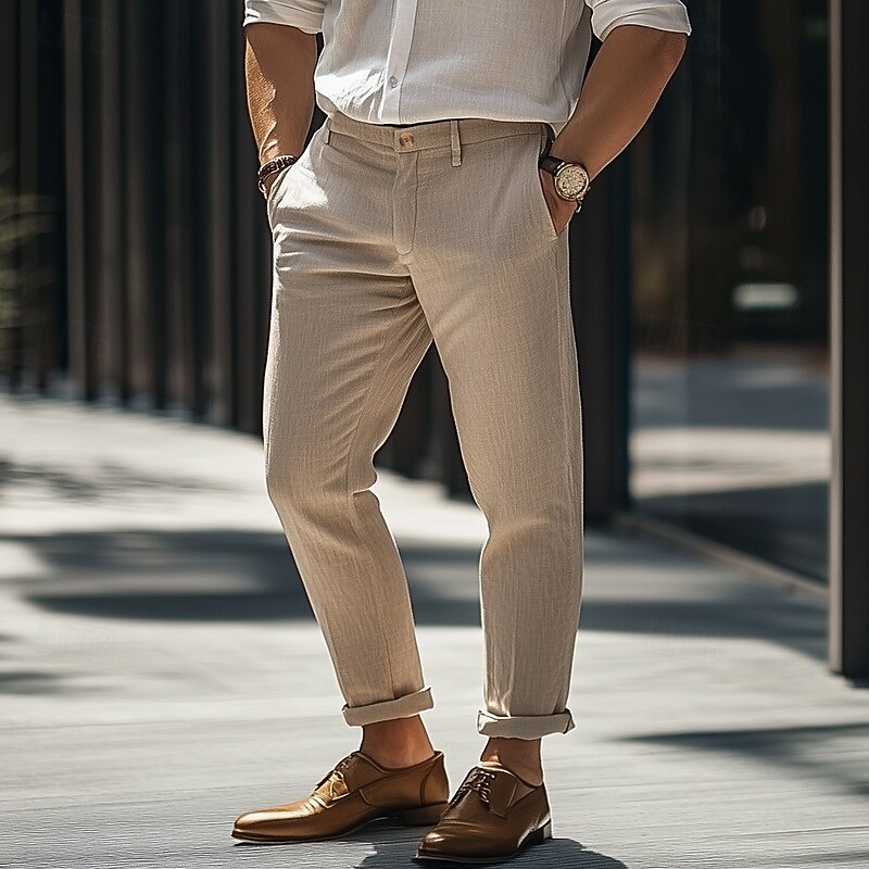 Men's Linen Pants Trousers Dress Pants Summer Pants Pocket Straight Leg Plain Comfort Breathable Full Length Formal Business Daily Streetwear Stylish Black Navy Blue