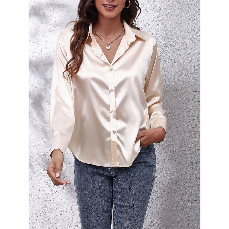 Women's Shirt Blouse Solid Color Basic Casual Long Sleeve V Neck Regular Tops Daily Buttons White Red Beige Summer Spring Fall4
