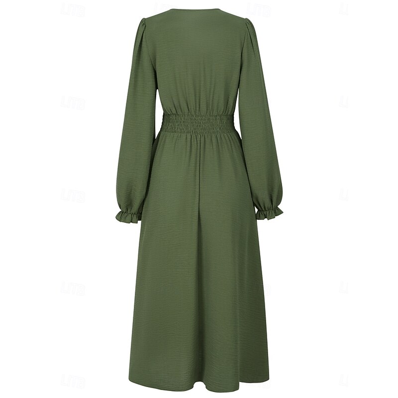 Women's Midi Dress Casual Dress A Line Dress Stylish Basic Casual Vacation Daily Regular Fit Plain Long Sleeve V Neck Black Army Green Summer Spring4