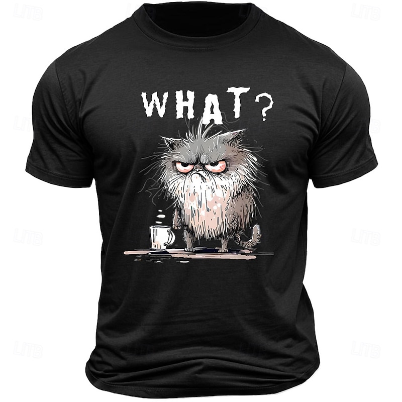 Mens T-shirt, Funny Grumpy Cat 'WHAT?' Morning Coffee Short Sleeve Graphic Tee2