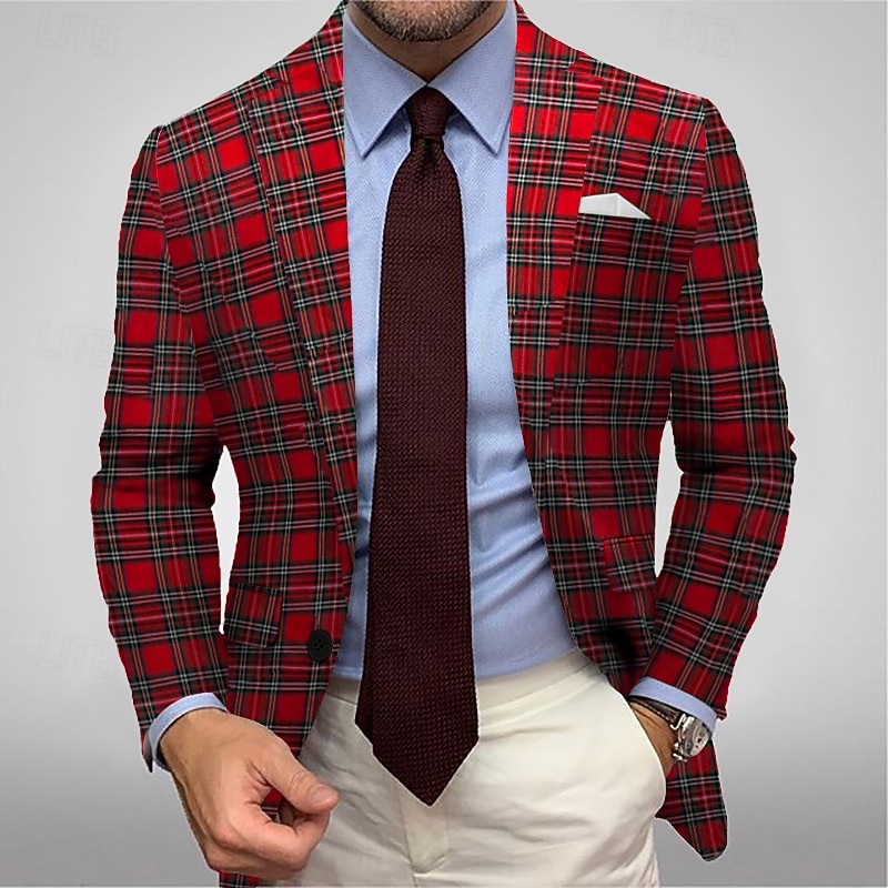 Men's Blazer Jacket Sport Coat Notch Collar Fashion Plaid Blazer Red Standard Fit Single Breasted One-button