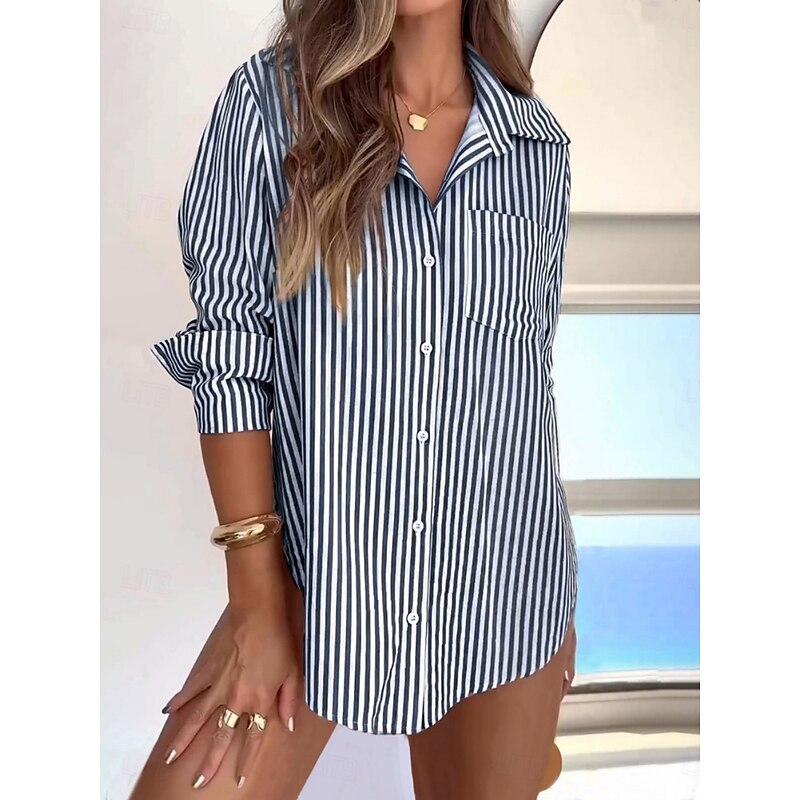 Women's Shirt Blouse Striped Casual Long Sleeve Shirt Collar Regular Tops Daily Buttons Print Pink Navy Blue Summer Spring2