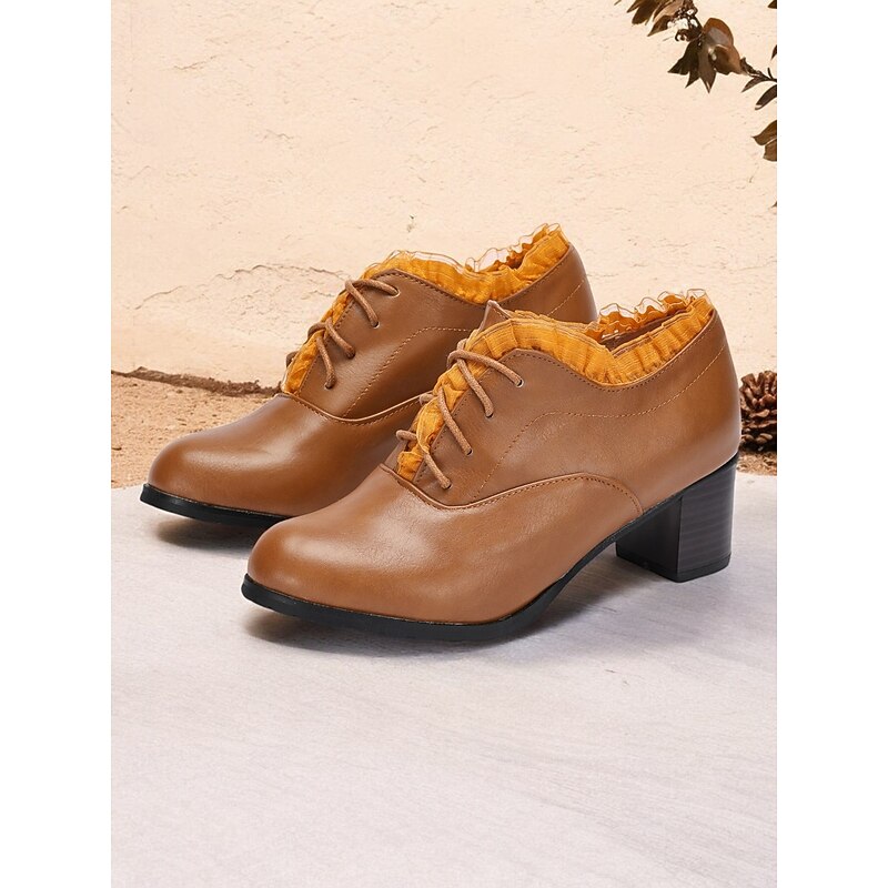 Women's brown Vintage Lace-Up faux Leather Oxfords with Ruffle Trim| for Work or Casual Wear3
