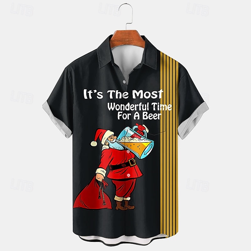 Christmas Men's Funny Christmas Printed Shirts Santa Claus Beer Casual Daily Wear Going out Weekend Autumn / Fall Turndown Short Sleeves Black, Red, Navy Blue S, M, L 4-Way Stretch Fabric Christmas