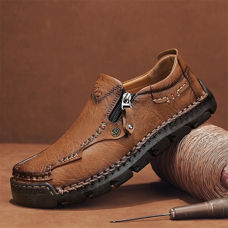 Men's Brown Faux Leather Slip-On Loafers with Side Zipper and Hand-Stitched Details – Comfortable Casual Shoes for Work, Travel, and Daily Wear