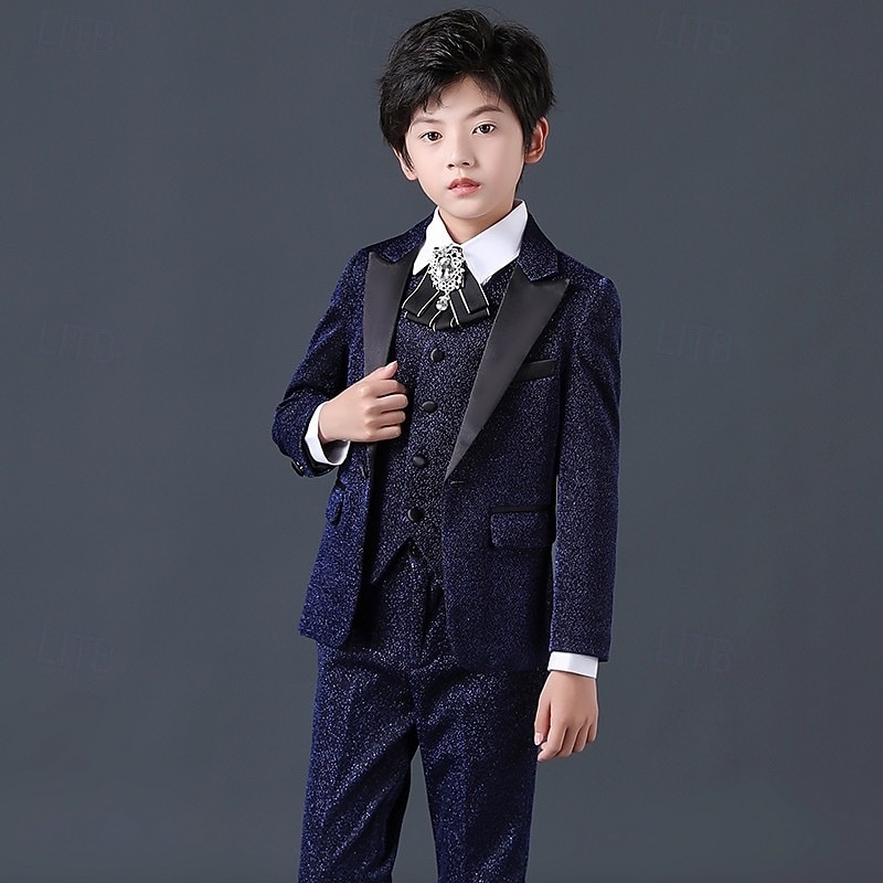 4 Pieces Ring Bearer Suit Boys Kids Suit Formal Suit Blazer & Vest & Pants & Tie Formal Party Valentines Fashion Cool Solid Color Pocket Navy Blue Polyester4