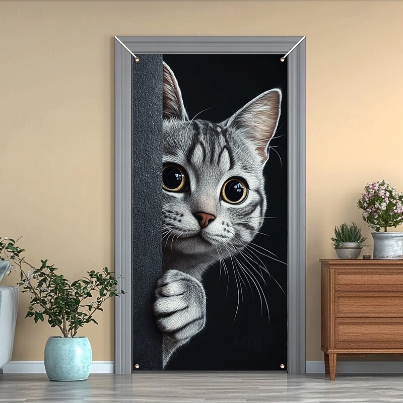 Cute Cats Door Decorations Door Covers Animal Hide and Seek Door Tapestry Door Curtain Decoration Backdrop Indoor/Outdoor Door Banner for Front Door Farmhouse Peekaboo3
