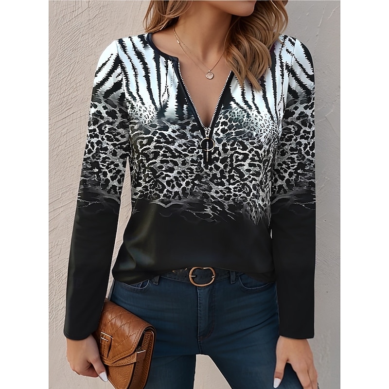 Women's T shirt Long Sleeve Quarter Zip Long Sleeve Casual Ombre Leopard V Neck Regular Tops Daily Black Spring Winter Prefall