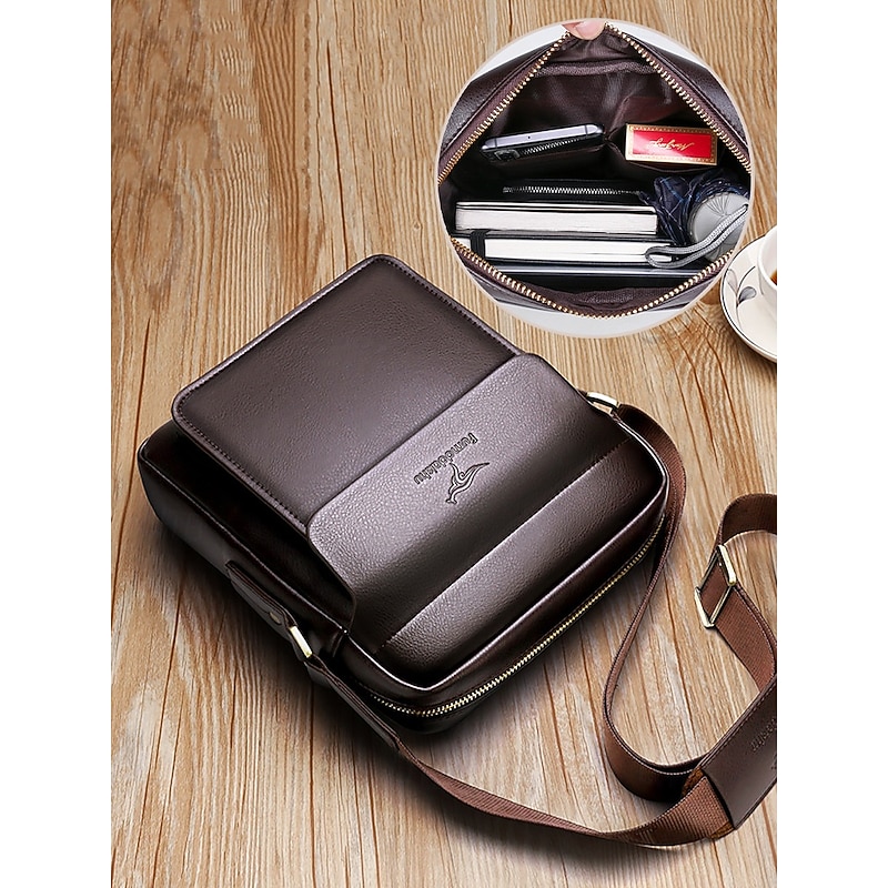 Men's Brown Black Faux Leather Crossbody Bag with Adjustable Shoulder Strap - Stylish and Practical Shoulder Bag, Messenger Bag for Work, Travel and Daily Use4