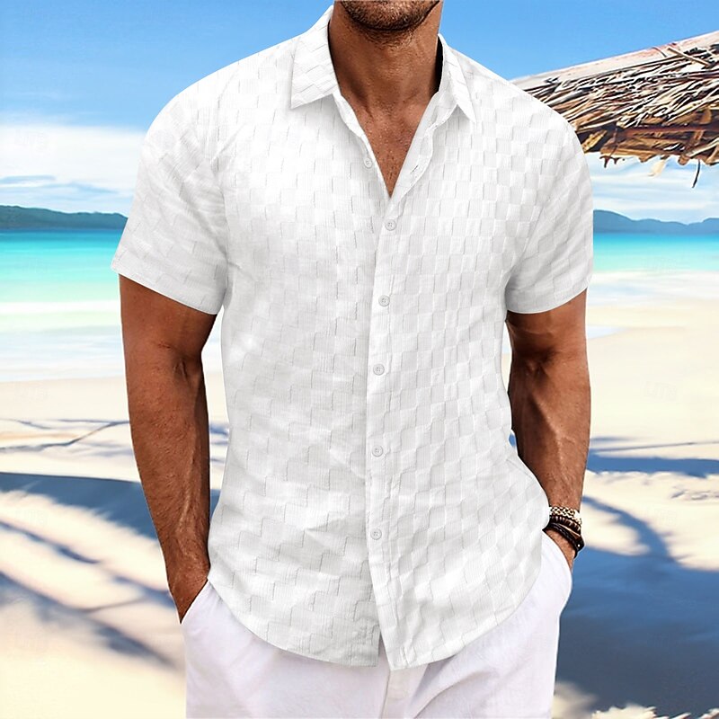 Men's Shirt Summer Shirt Casual Shirt Beach Shirt Button Up Shirt Black White Light Green Blue Dark Green Short Sleeve Plain Collar Vacation Daily Clothing Apparel Fashion Casual Comfortable