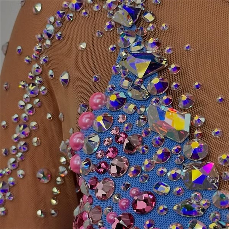 Figure Skating Dress Women's Girls' Ice Skating Dress Sky Blue Open Back Mesh Spandex High Elasticity Training Competition Skating Wear Classic Crystal / Rhinestone Long Sleeve Ice Skating Figure3