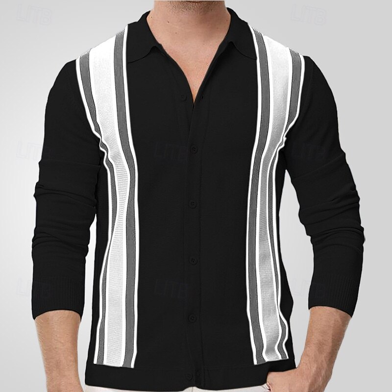 Men's Button Up Polos Golf Shirt Casual Sports Lapel Long Sleeve Fashion Basic Color Block Stripes Patchwork Buttons Spring Fall Black Apricot Button Up Polos