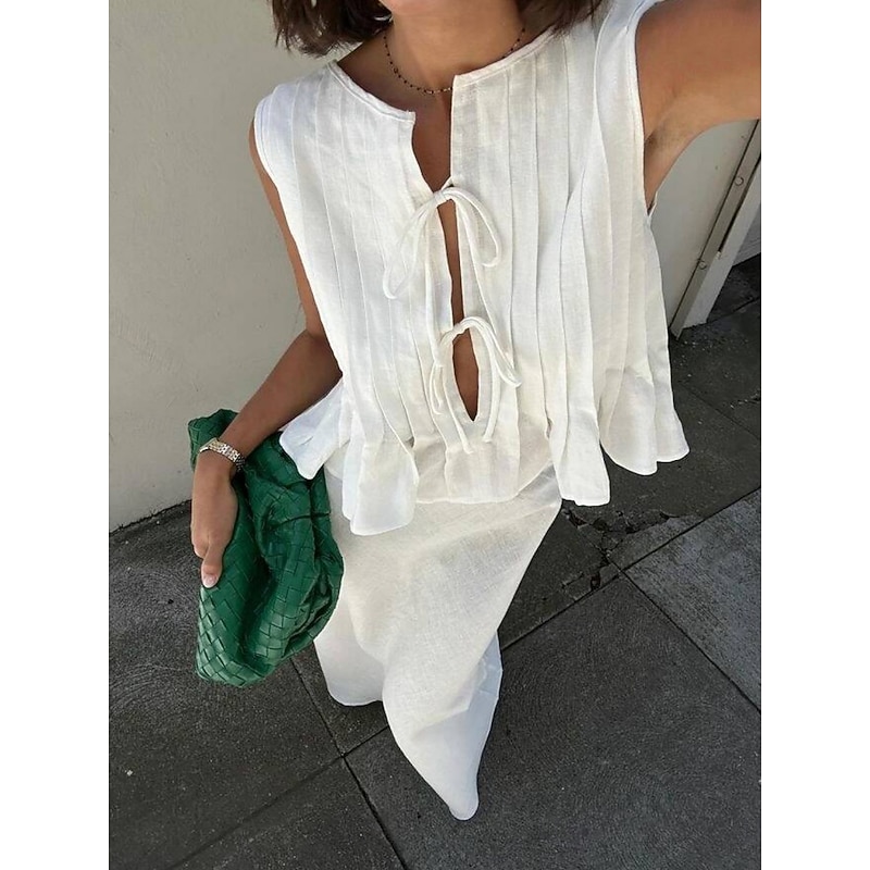 Women's Button Up Cotton Linen Shirt Solid Color Basic Casual Sleeveless Crew Neck Regular Tops Daily Ruffle Black White Red Summer Spring2