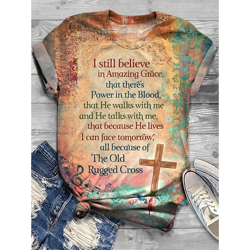 Women's T Shirt Tie Dye Letter Casual Short Sleeve Round Neck Regular Tops Daily Print Orange Summer