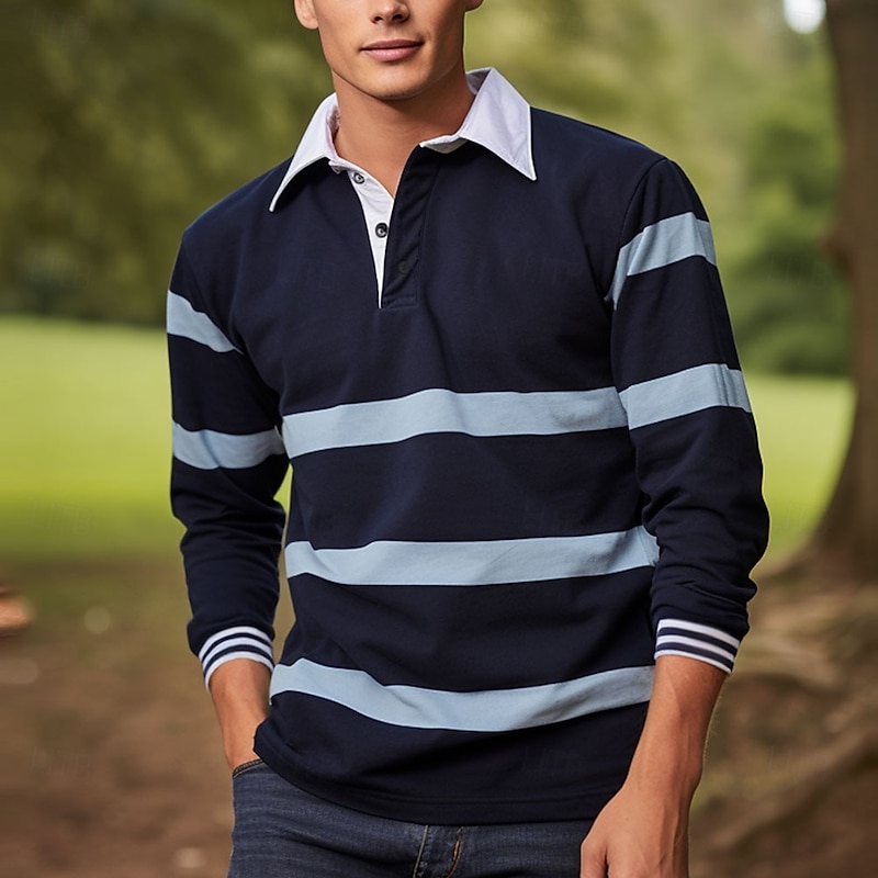 Men's Stripes Cable Knit Polo Long Sleeve Polo Shirts Collared Shirts Casual Outdoor Athleisure 3D Print Spring Fall Blue