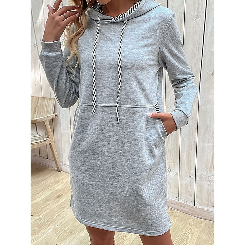 Women's Normal Midi Dress Hoodie Dress Casual Work Daily Regular Fit Plain Long Sleeve Hooded Gray Spring Fall Winter3
